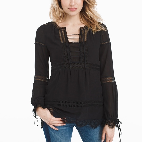 White House Black Market Tops - White House Black Market Black Lace-Up Boho Top 2P